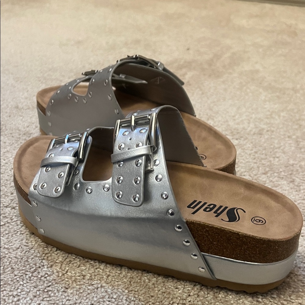 SHEIN Metallic Silver Buckle Sandals